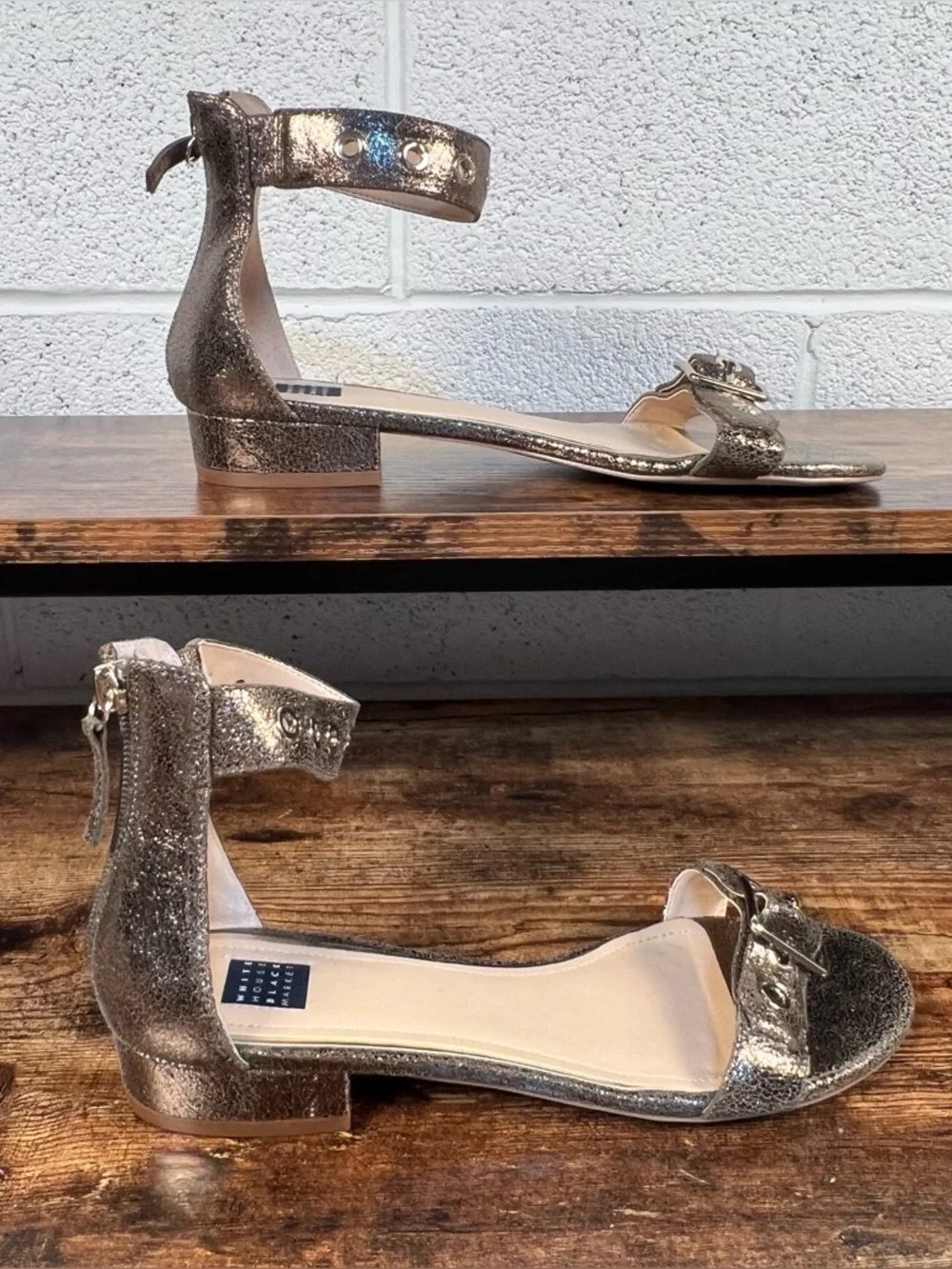 WHBM Cora Sandal Metallic Gold Ankle Strap Open Toe Buckle Dressy women's 7.5